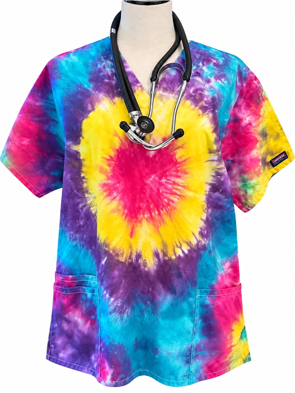 Women’s XL CherokeeTie-Dye V-Neck Scrub Top - Yellow, Pink, Purple, Green